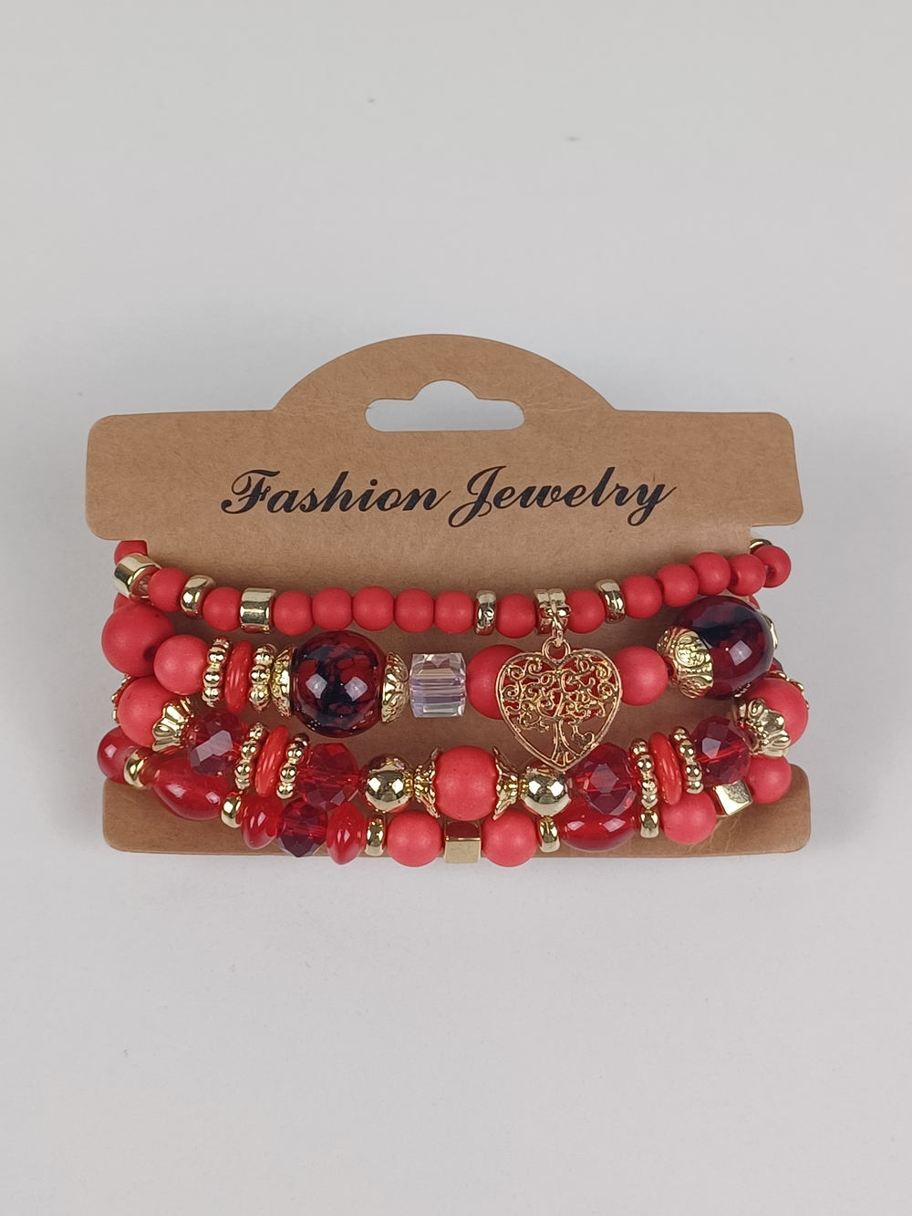 4-Piece Bohemian Beaded Bracelet Set - Red Heart & Tree Pendants
